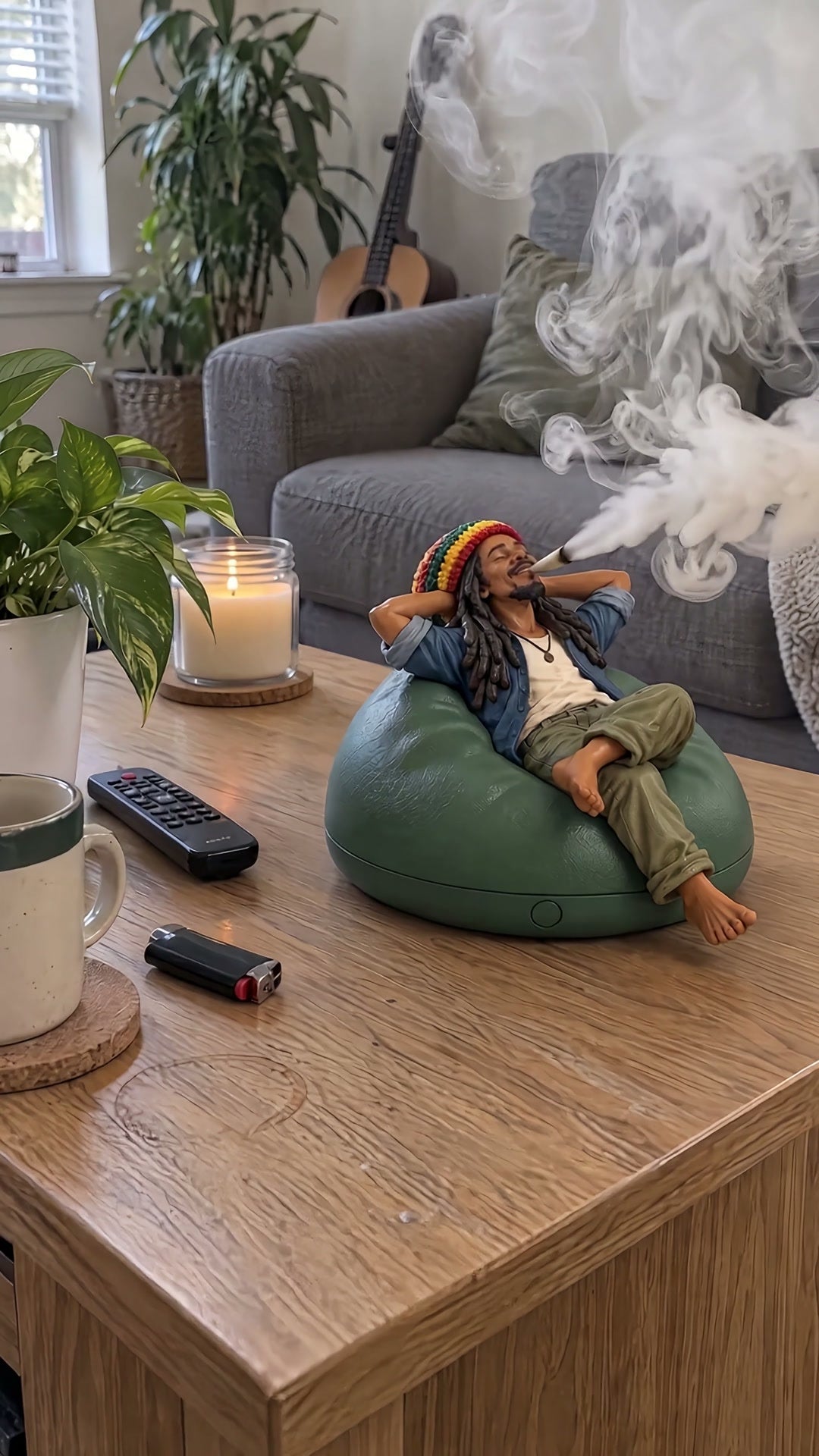 Mist drifting from the joint on a living room coffee table